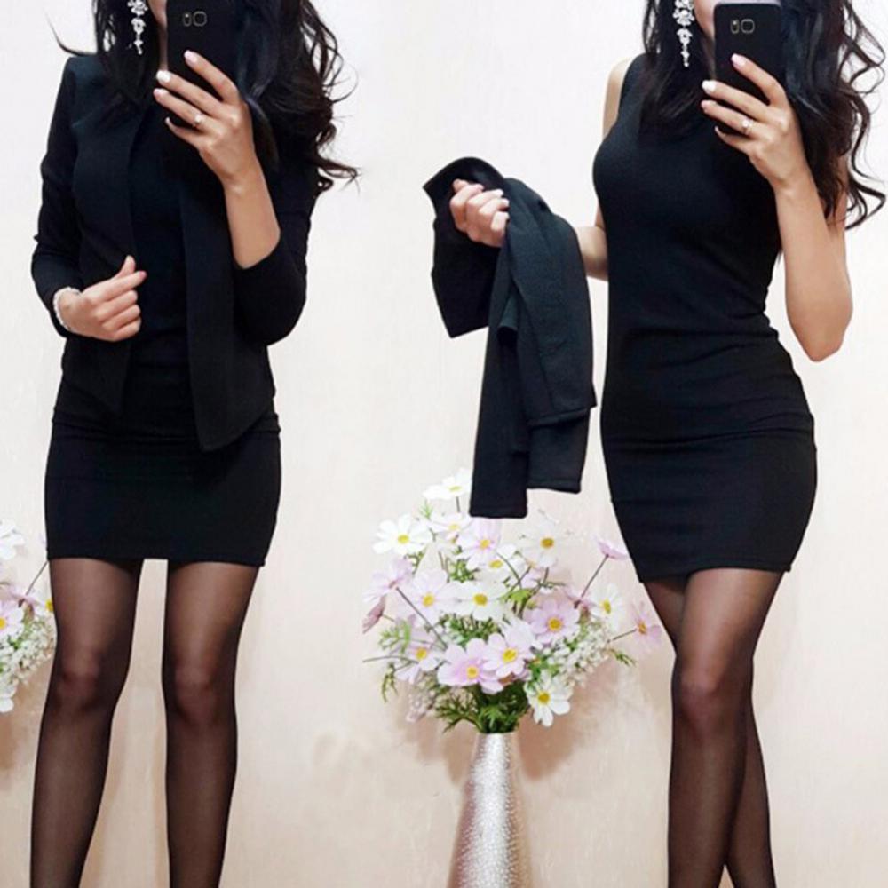 Vestido Bodycon Liso Sem Mangas Gola O 2 Peças/Conjunto Casaco Curto Quente para Escritório Mini 2026