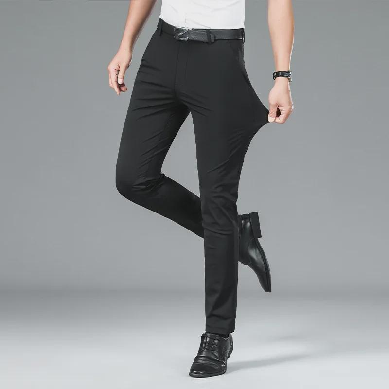 Men's Thickened Nylon Casual Pants - Milk Silk, High Elastic, Straight, Loose Business Trousers with Velvet Inside for Spring and Autumn.