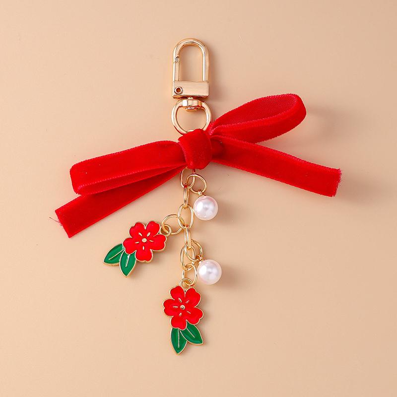 Cute Beaded Pearl Flower Keychain Women Girls Ribbon Bowknot Key Ring Pendant for Handbag Decor Handmade Key Chain Jewelry Gift