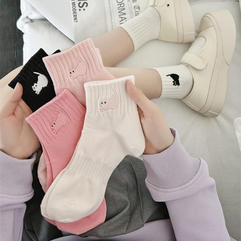 Embroidered Pink Cat Socks College Style Casual Versatile Style Pure Cotton Short Socks