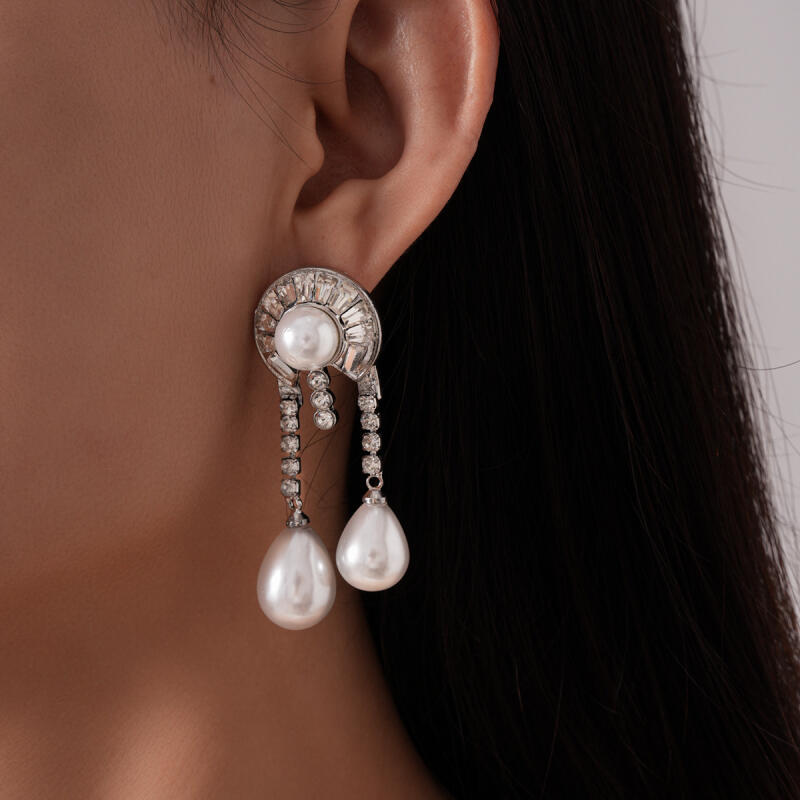 Luxury Geometric Circular Rhinestone Earrings for Women Ladies Imitation Pearl Water Droplet Tassel Earrings Jewelry Accessories
