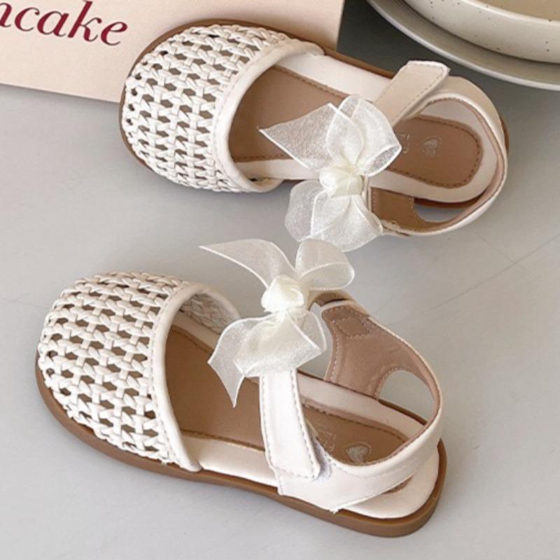 Summer Girls Closed Toe Woven Bird Nest Sandals Hollow Bow Decor Kids Beach Shoes 22 грязно-белый