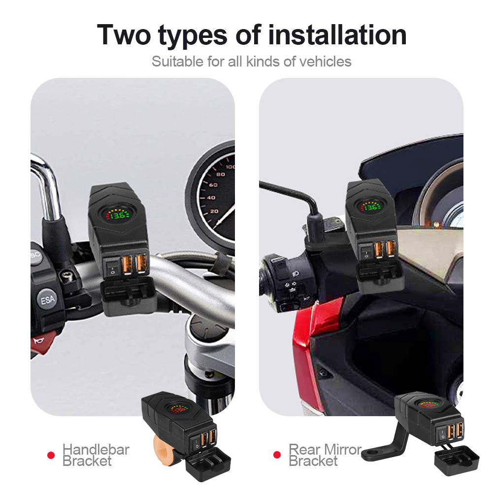 36W Motorcycle Dual USB Charger Handlebar QC3.0 Fast Charging Waterproof 12V Phone Socket Adapter With Voltmeter Display Accessories