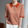 Women's Tencel Polo Collar Striped Short-Sleeve T-Shirt, 2025 Spring/Summer Loose Fit Plus Size.