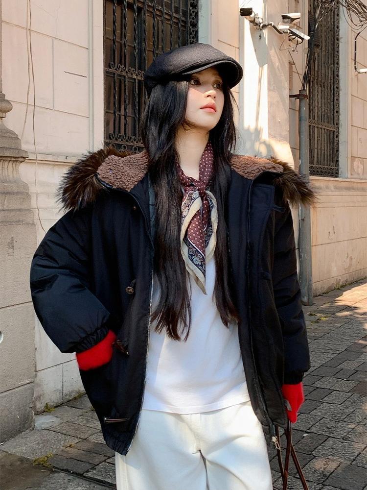 Horns Buckle Big Fur Collar Hooded Cotton-padded Jacket Women's Short Workwear Parkas