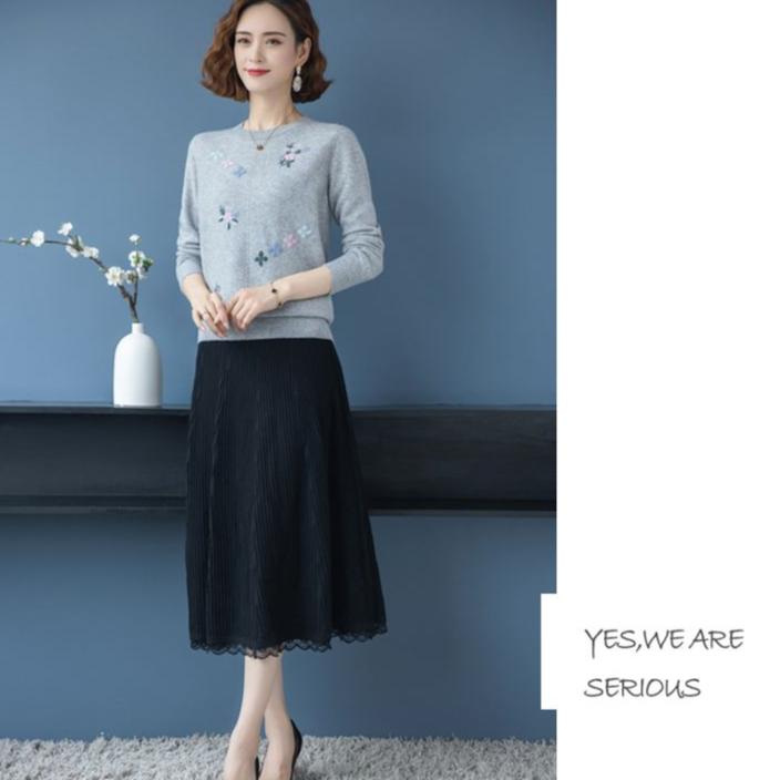 Spring Autumn Women's Crewneck Sweater Embroidered Loose Plus Size Knitwear Pullover Stretch Knit Top