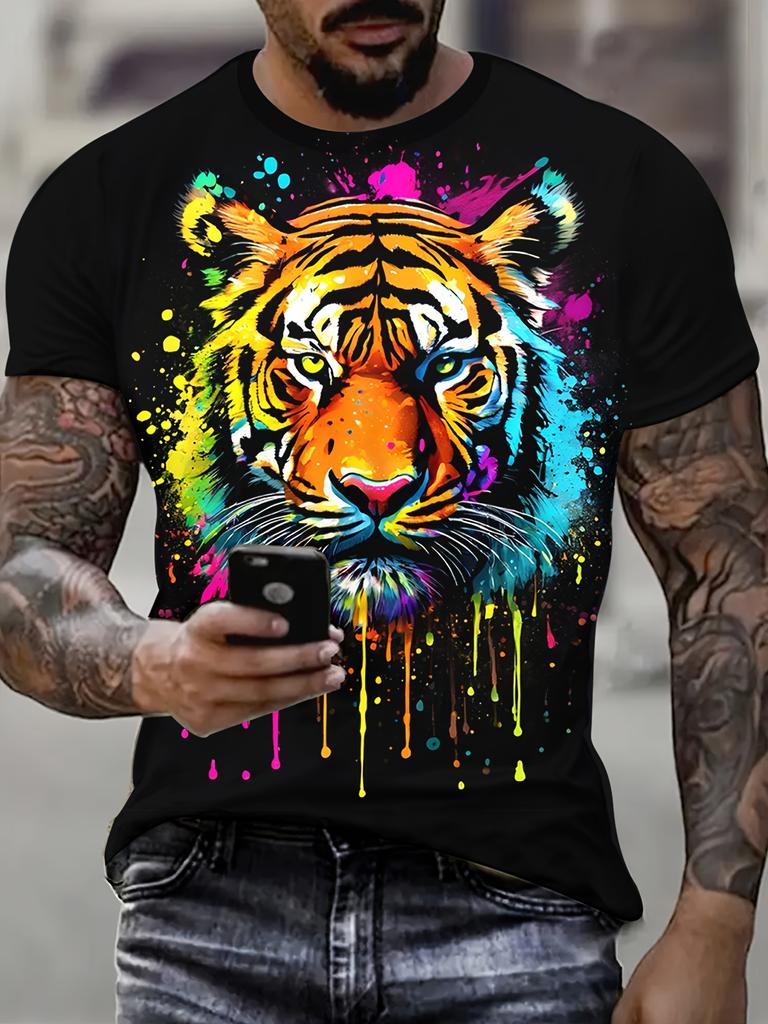 Summer Men's Colorful Tiger Graphic 3D Print T-shirt Fashion Casual Short Sleeve Tees Loose Top