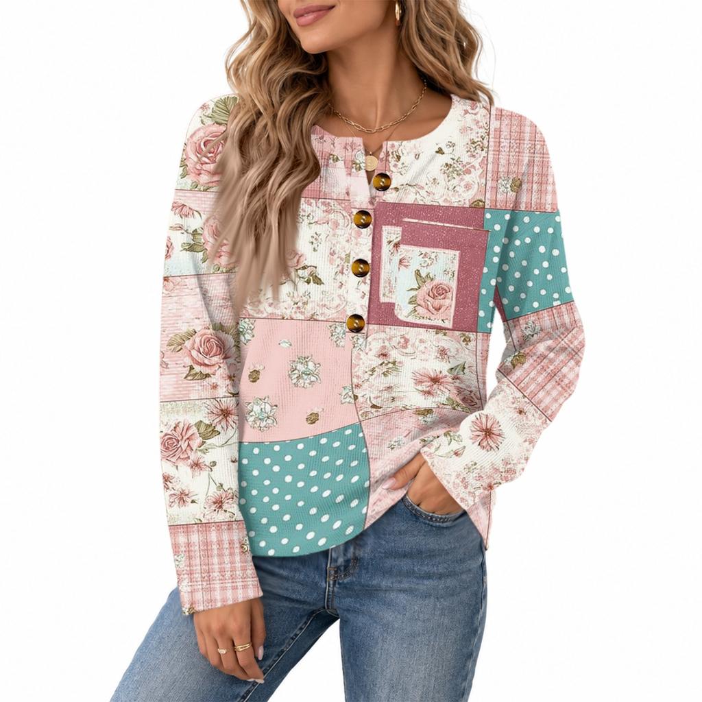 Women's Fashion Button Neck Knit Long Sleeve Casual Top for Everyday Wear