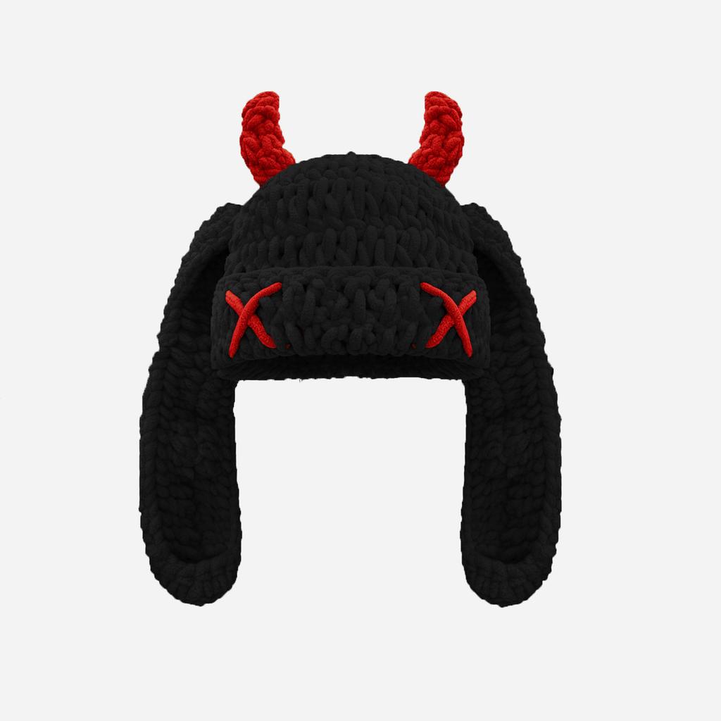 Japanese Popular Funny Devil Corner Crochet Knitted Beanie Hat Handmade Cute Long Ear Warm Cover Warm Wool Hat Spot