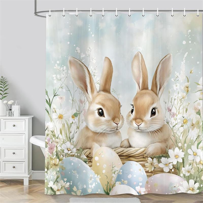 Spring Easter Bunny Shower Curtains Leaves Wildflower Watercolor Floral Rabbit Rustic Farmhouse Bathtub Bathroom Curtain Decor