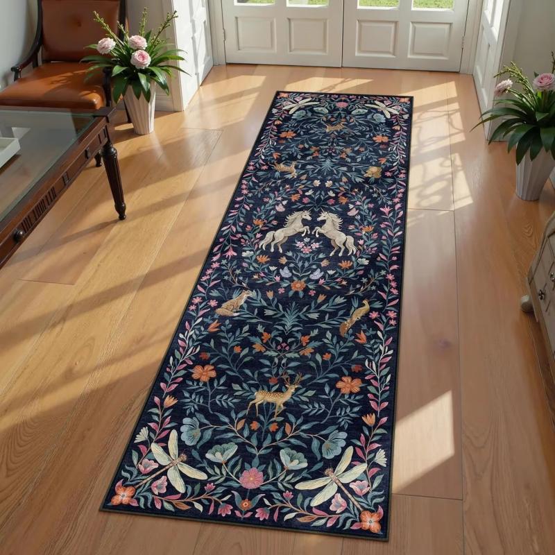 Vintage Forest Creature Floral Long Runner Rug Dark Green Nature Scenic Animal Pattern Non Slip Hallway Bedroom Decor Mat