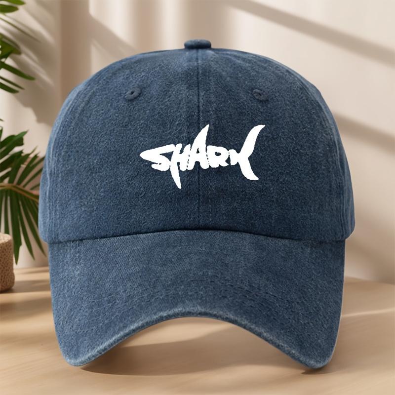 

Men s shark patterned baseball cap with washed retro design suitable for outdoor camping and leisure sports, темно-синього кольору