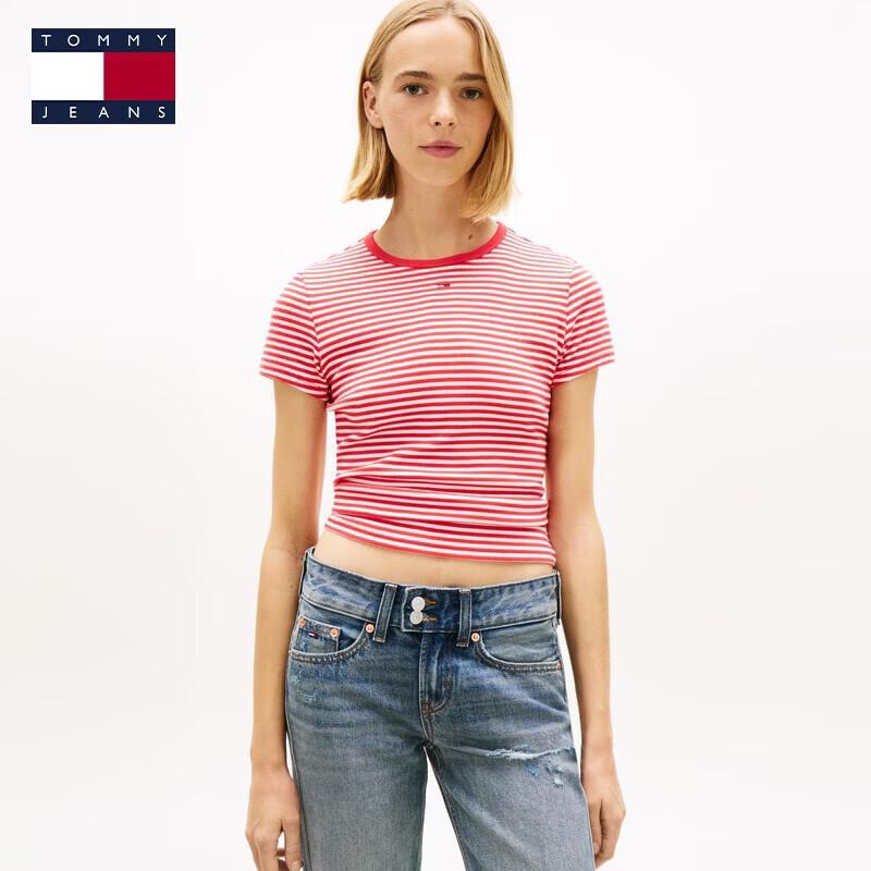 

TOMMY JEANS Women s A/W 2025 Striped Ribbed Slim-Fit Short Sleeve T-Shirt L