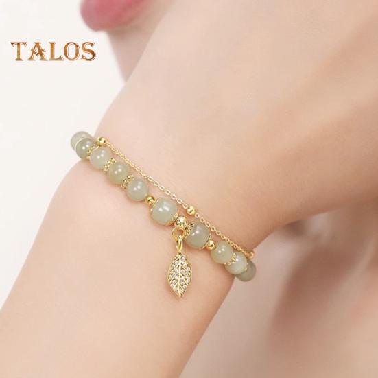 Women Bracelet Faux Jade Smooth Bead Leaf Pendant Double-layered Adjustable Length Rhinestone Lady Bangle Prom Daily Wrist Jewelry