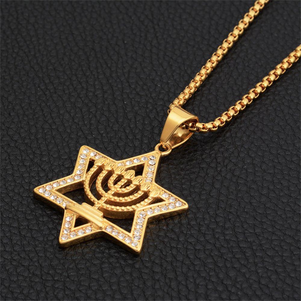 Hip Hop Iced Out Star Of David Candlestick Pendant Gold Color Stainless Steel Chanukah Necklace for Men Je Jewelry Gift