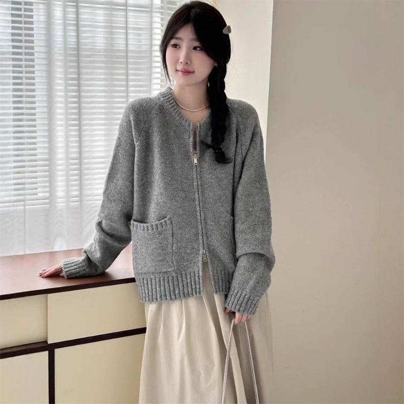 

Осень и зима новый кардиган из мягкого ворсистого трикотажа с круглым вырезом и двойной молнией, женский свободный повседневный ленивый свитер-куртка one size fits all светло-серый