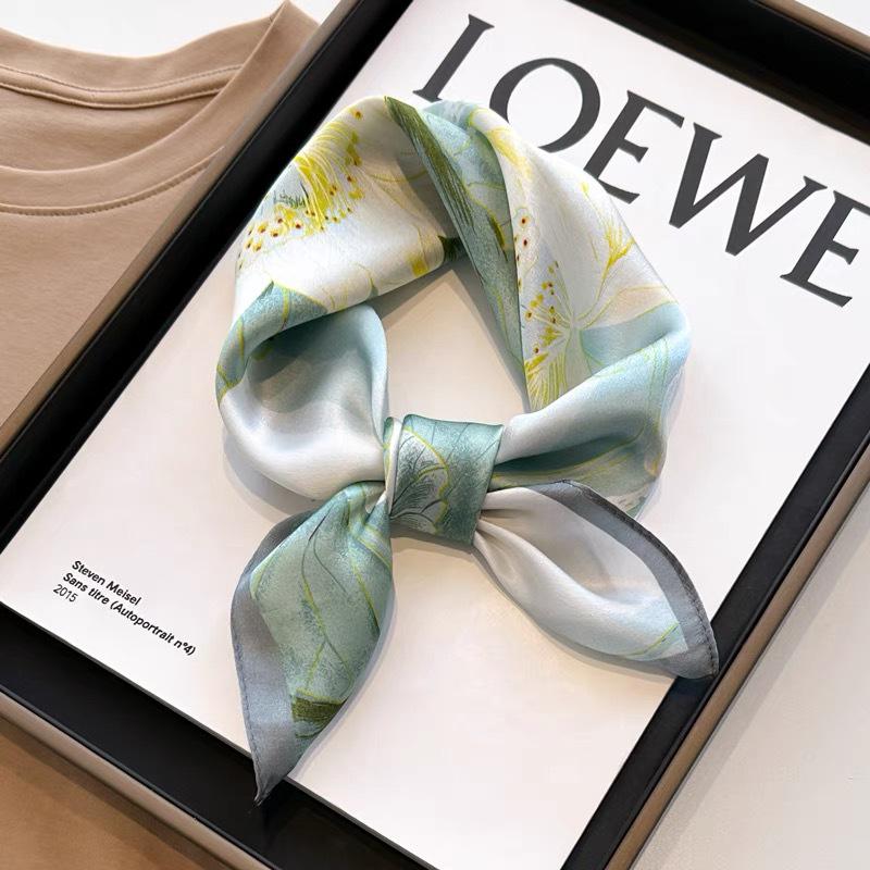 Dámský béžový hedvábný šátek - 53 cm Korejský styl Tištěný čtverec, 100% morušové hedvábí na jaro/léto