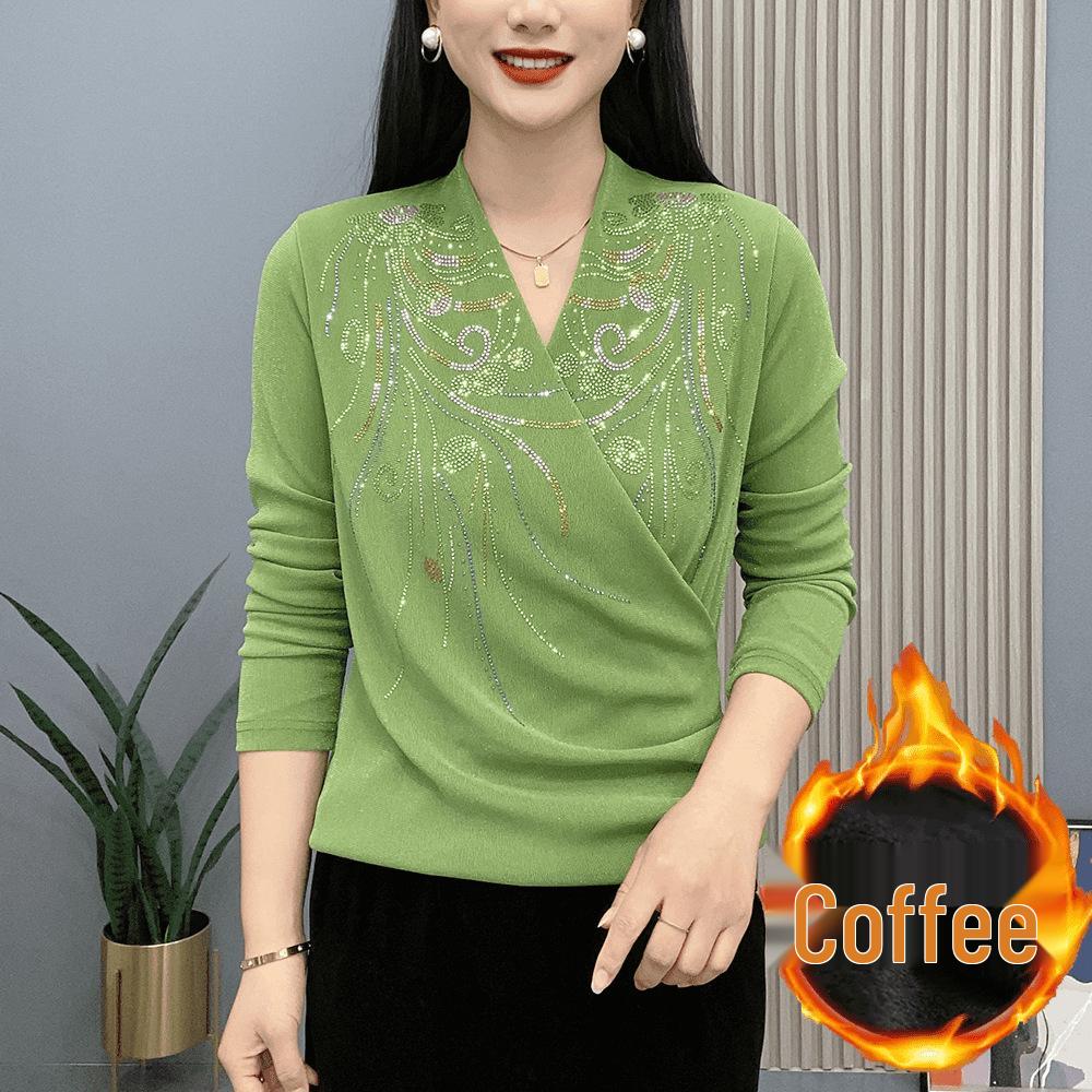 Autumn/Winter Cross-Neck Rhinestone Phoenix Long-Sleeve Base Layer Shirt