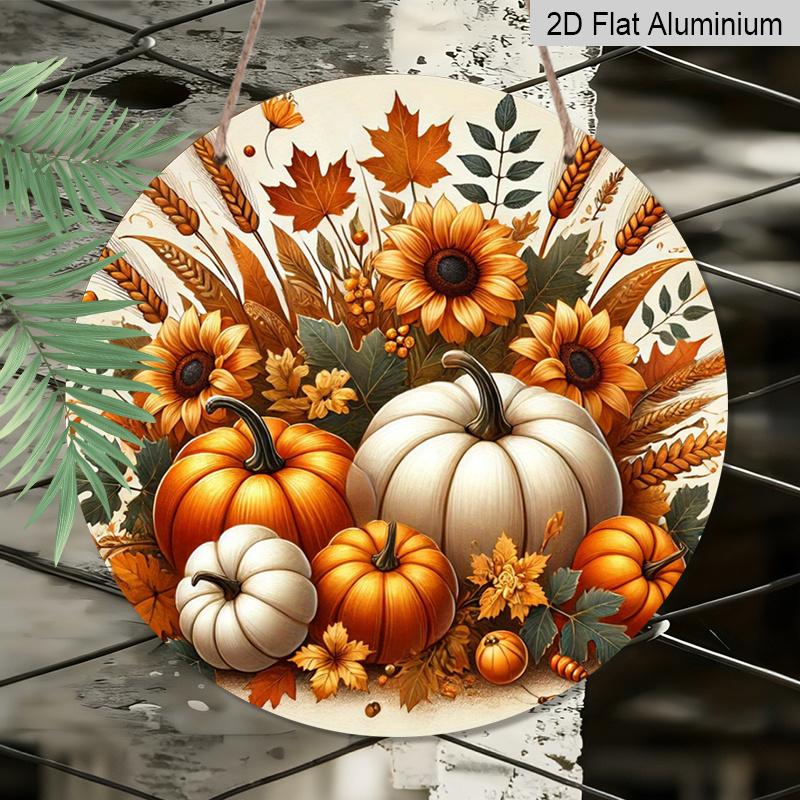 2D Flat, 1pc Round Aluminum Hanging Sign, Rustic Farmhouse Metal Wall Decor - Autumn Harvest Pumpkin & Fall Signs, Seasonal Plaque Suitable for Home