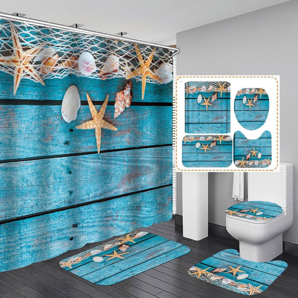 4ks Beach Starfish Series Sady sprchových závěsů do koupelny Protiskluzové Koupelnové koberečky Víko WC Kryt Koupelnová předložka