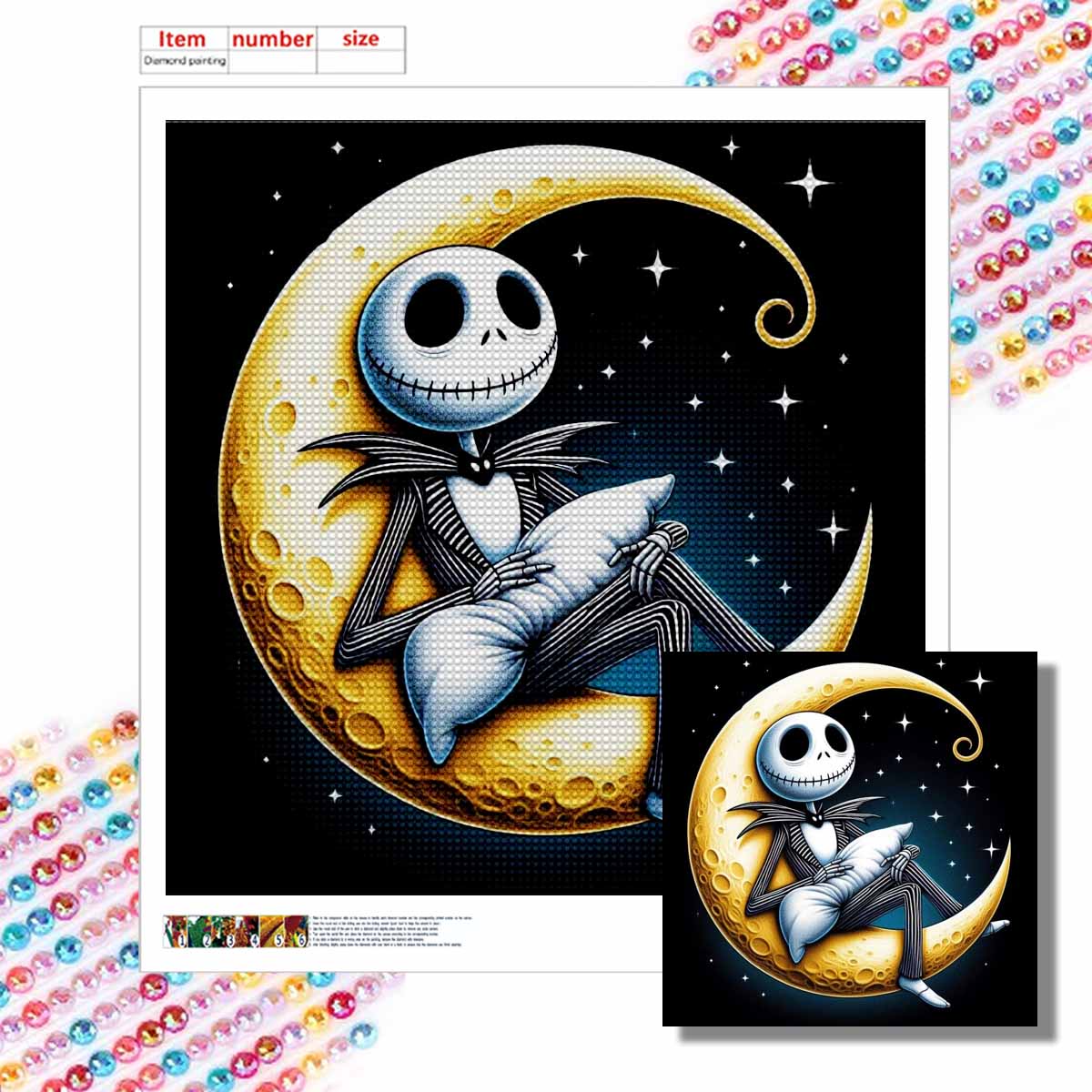 

5D DIY Diamond Painting Decorative Skeleton on The Moon Full Round Drill Scenery Diamond Embroidery Cross Stitch Kits Home Decor Gift Round 20x20cm