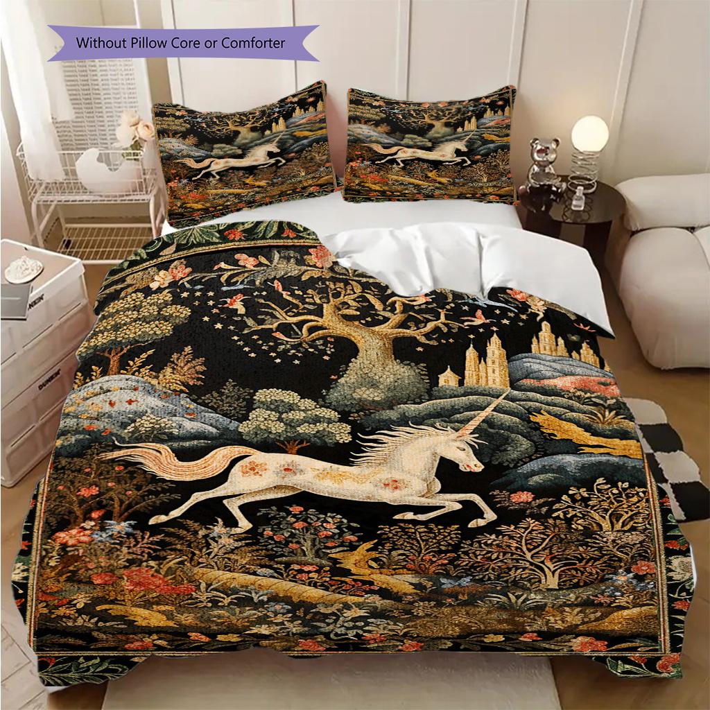 Medieval fairy tale aesthetics unicorn bedding, duvet cover, pillowcase, home decoration, birthday gift (1 * duvet cover+2 * pillowcase, coreless)