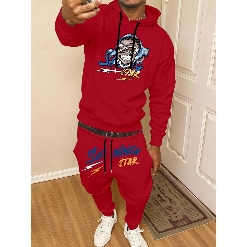 Classic Men's Casual Suit, Printed Drawstring Hoodie with Pockets and Drawstring Running Pants, a Must Have for Fashionable Men