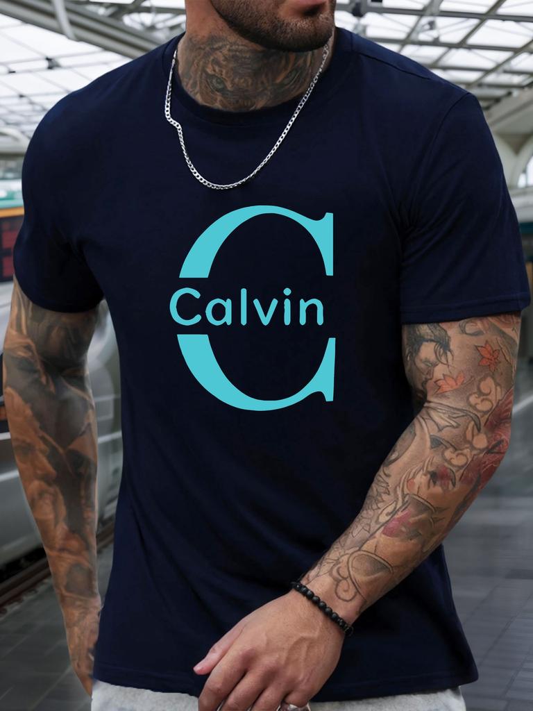 Camiseta de Manga Curta Calvin Masculina 100% Algodão Estampa Colorida Verão Gola Redonda Respirável Casual Moda Camiseta Legal