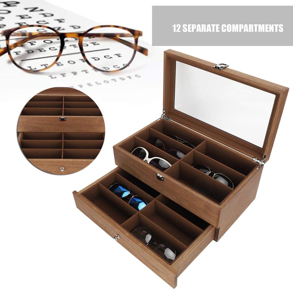 Yinhing Sunglasses Eyeglasses Wooden Eyeglass Display Case Organizer for Display and Storage Storage, Box, 12-Slot Double-Layer