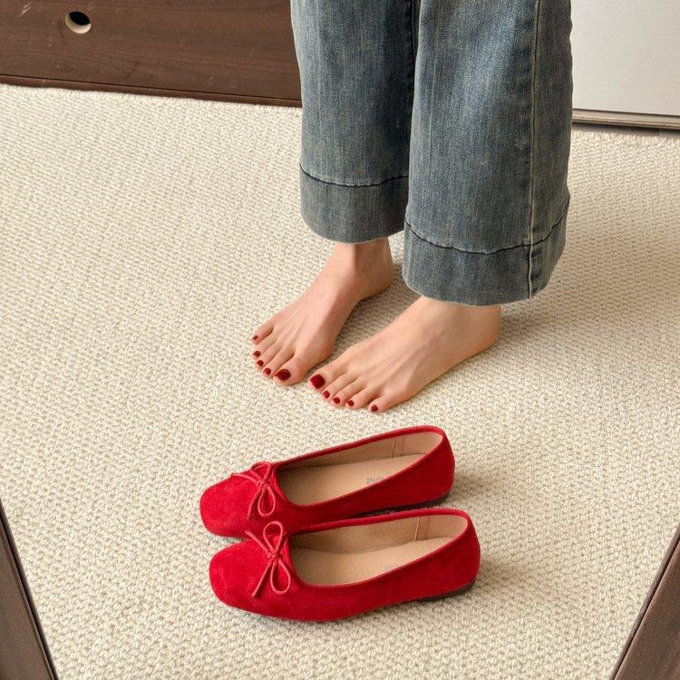 

Французские замшевые балетки с внутренней отделкой, женские туфли 2025 года, новые весенне-осенние вечерние туфли с бантом красного цвета 35 красный