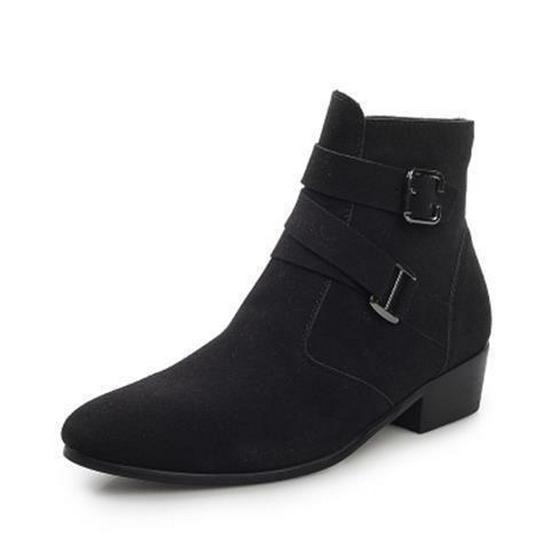 Men's Winter Plus Velvet Short Suede Boots – Korean Style, Trendy British High-Top with Inner Height Increase and Pointed Toe Design.