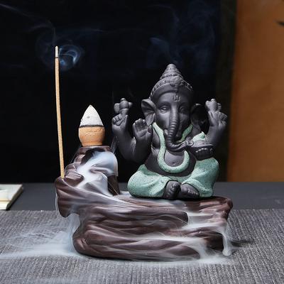 Ganesha Backflow Incense Burner Elephant God Emblem Auspicious and Success Ceramic Cone Censer Home Decor Incense Stick Holder