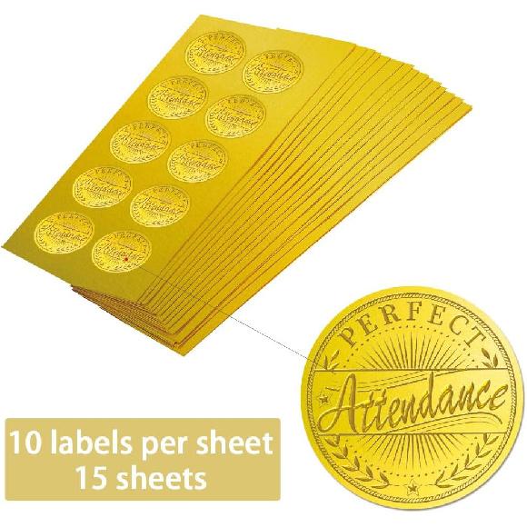CHGCRAFT 150CS Perfect Attendance Gold Embossed Envelope Seal Stickers