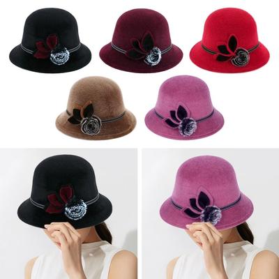 Ladies Bowler Hat Autumn Winter Wool Hats Fedoras Cap Dome Hat With Flower