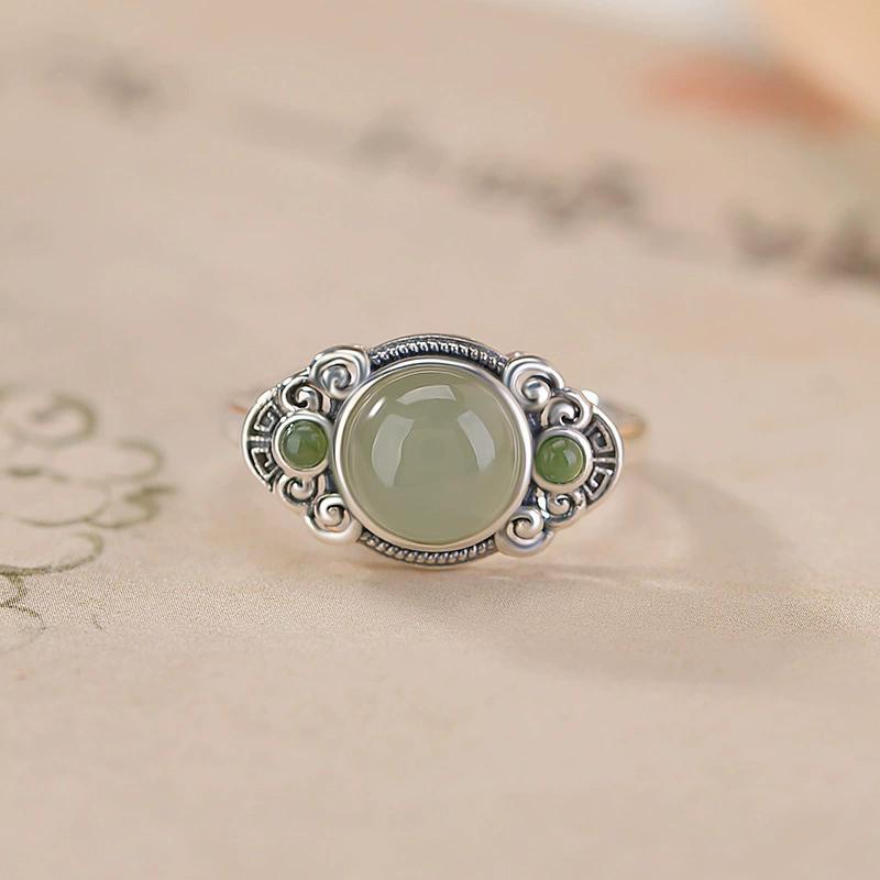 Ethnic Style Thai Silver Flower Green Stone Adjustable Finger Rings For Women Fashion New Jewelry Gift Party anillos
