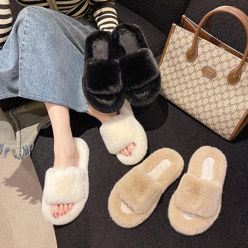 Mao Mao slippers women wear in autumn and winter Internet celebrities popular fashion thick bottom heightening home plush cotton slippers ins tide
