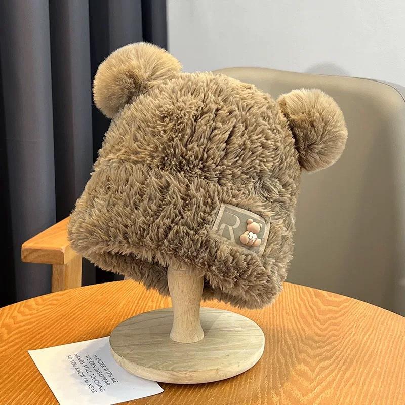 Niedliche Kleine Bär Wollmütze Winter Dick Plüsch Warme Pelzmütze Herbst und Winter Großer Kopfumfang Strickmütze