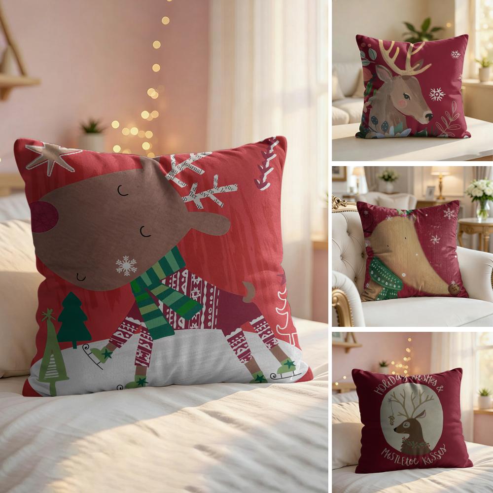 CUTE Christmas Reindeer Cushion Cover Silky Short Plush Invisible Zipper Dustproof Sofa Pillow Case For Home Decor