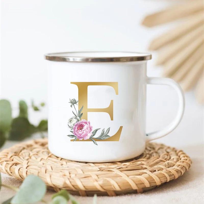 Letter Floral Print Vintage Enamel Mugs Creative Coffee Tea Cup Drink Dessert Milk Cups Handle Drinkware Wedding Bridesmaid Gift