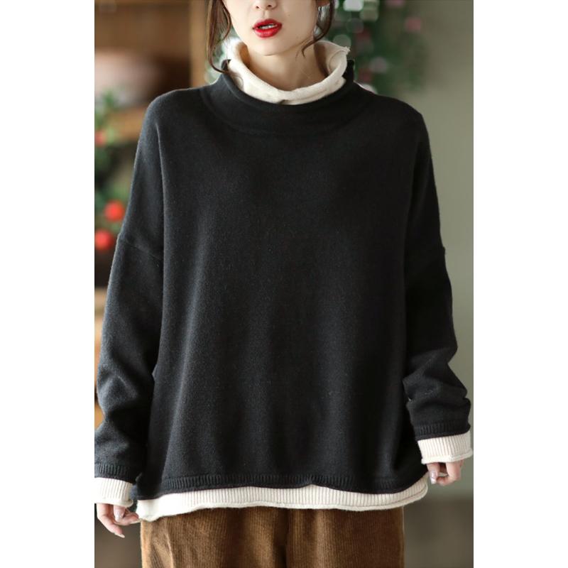 Autumn and Winter New Cotton Knitted Contrasting Fake Two-piece Tops for Women Loose Turtleneck Sweater with Bottoming Shirt