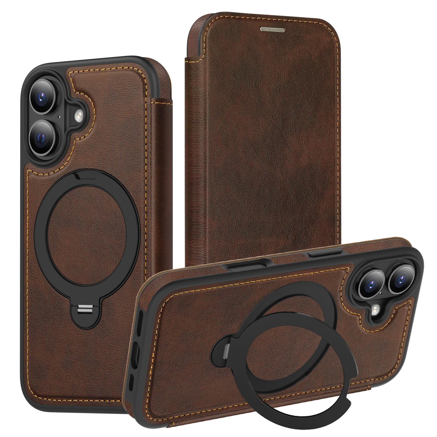 

For iPhone 17 Case Compatible with MagSafe RFID Blocking Leather Wallet Cover with Rotating Ring Kickstand