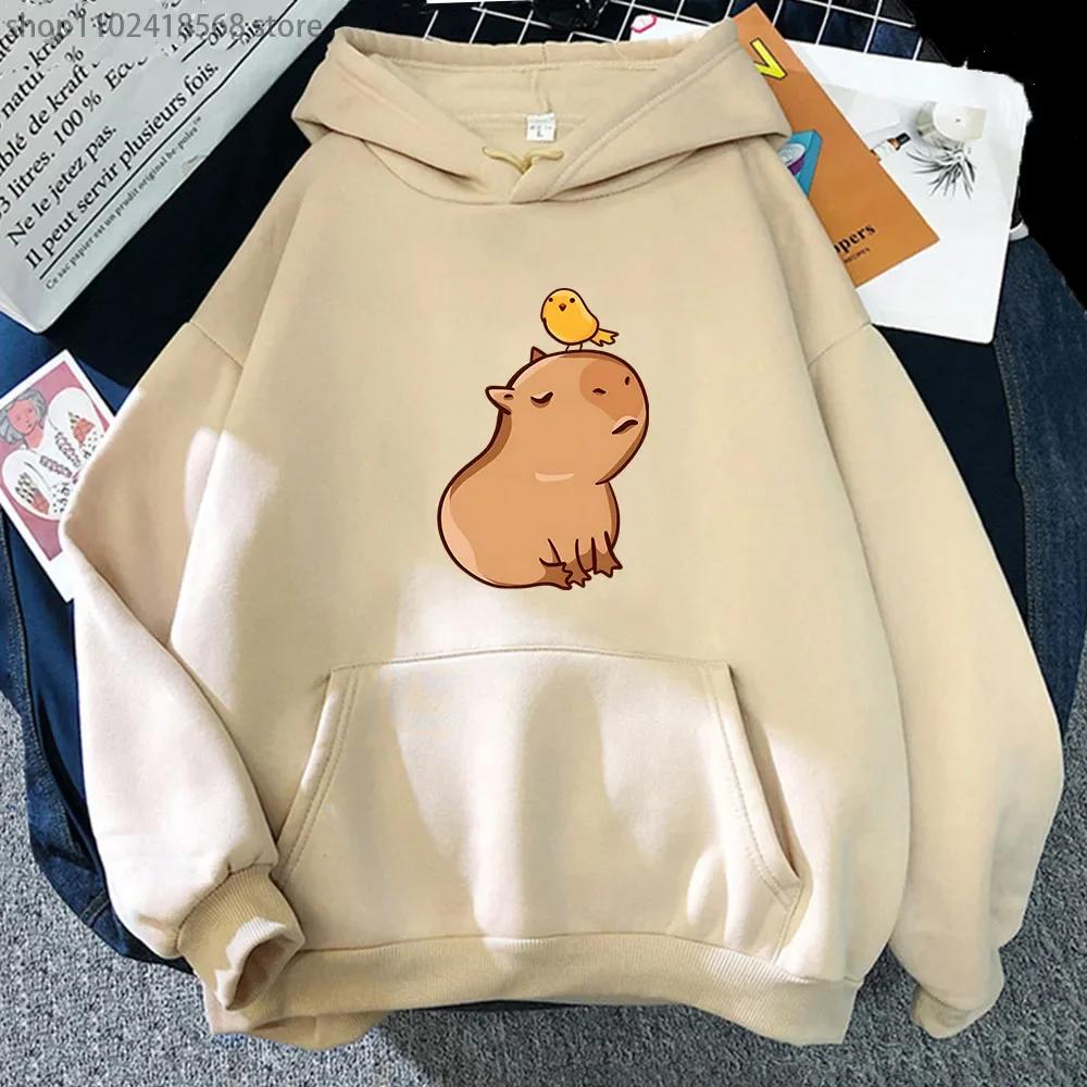 Cartoon Capybara with His Bird Friend Hoodies Women's Kawaii Animal Graphic Sweatshirt Men Tops Clothes