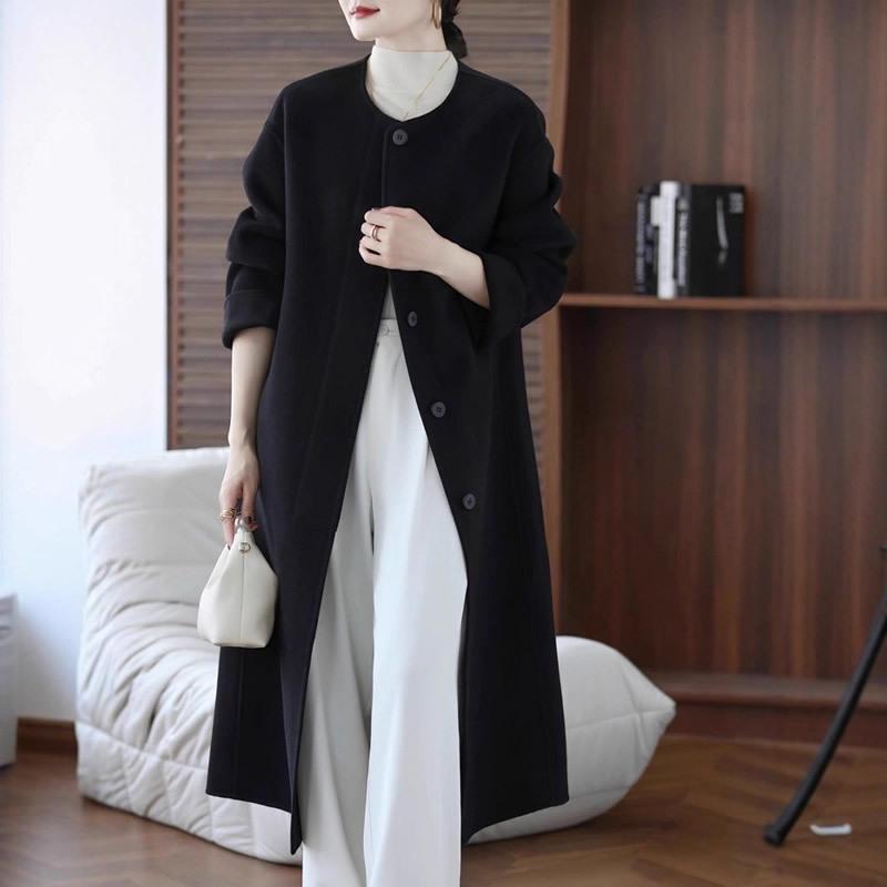 Women's Extra Long Double-Faced Wool Coat - Round Neck, Chinese Style