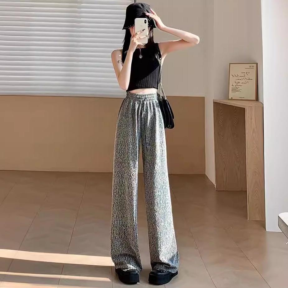 Women's Spring/Summer High-Waisted Wide-Leg Pants with Heavy Embellishments Lurex Threads Sparkling Stylish Loose Drapey Straight-Leg Casual Trousers
