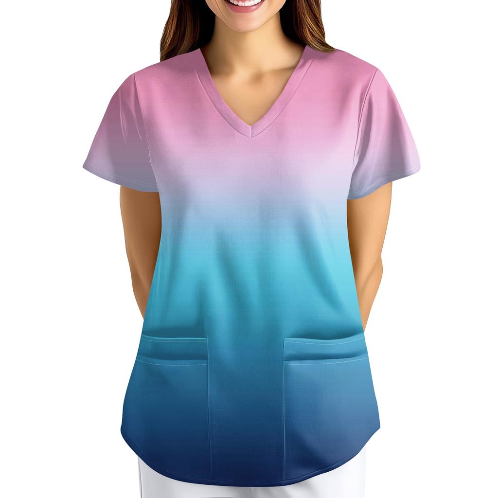 ÜbergrößeBedruckte Kasack Arbeitsuniform Oberteile für Damen V-Ausschnitt mit Überkreuzung Print Kurzarm Lustige T-Shirts Arbeitskleidung T-Shirt mit Taschen