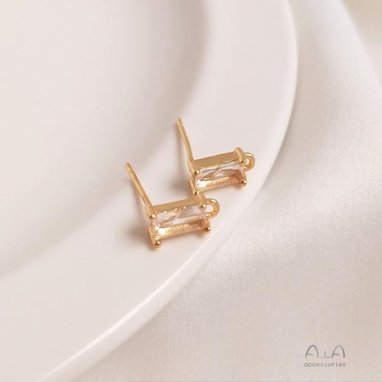 14K Gold-Plated Silver Studs with Rectangular Zircon and Colorful Hanging Ear Pins for DIY Accessories