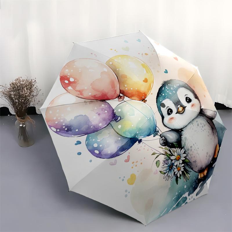 Penguin Balloons Themed Automatic Folding Umbrella 8 Ribs Durable Iron Frame, Vibrant Color Design, Compact Travel Umbrella for Beach, Outd