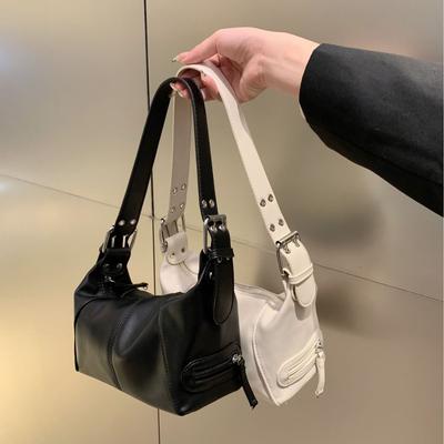 Modetrend Schwarz-Weiß PU Achseltasche für Damen Retro Hongkong-Stil Große Kapazität Einfarbig Einzel-Schulter Handtasche für Damen