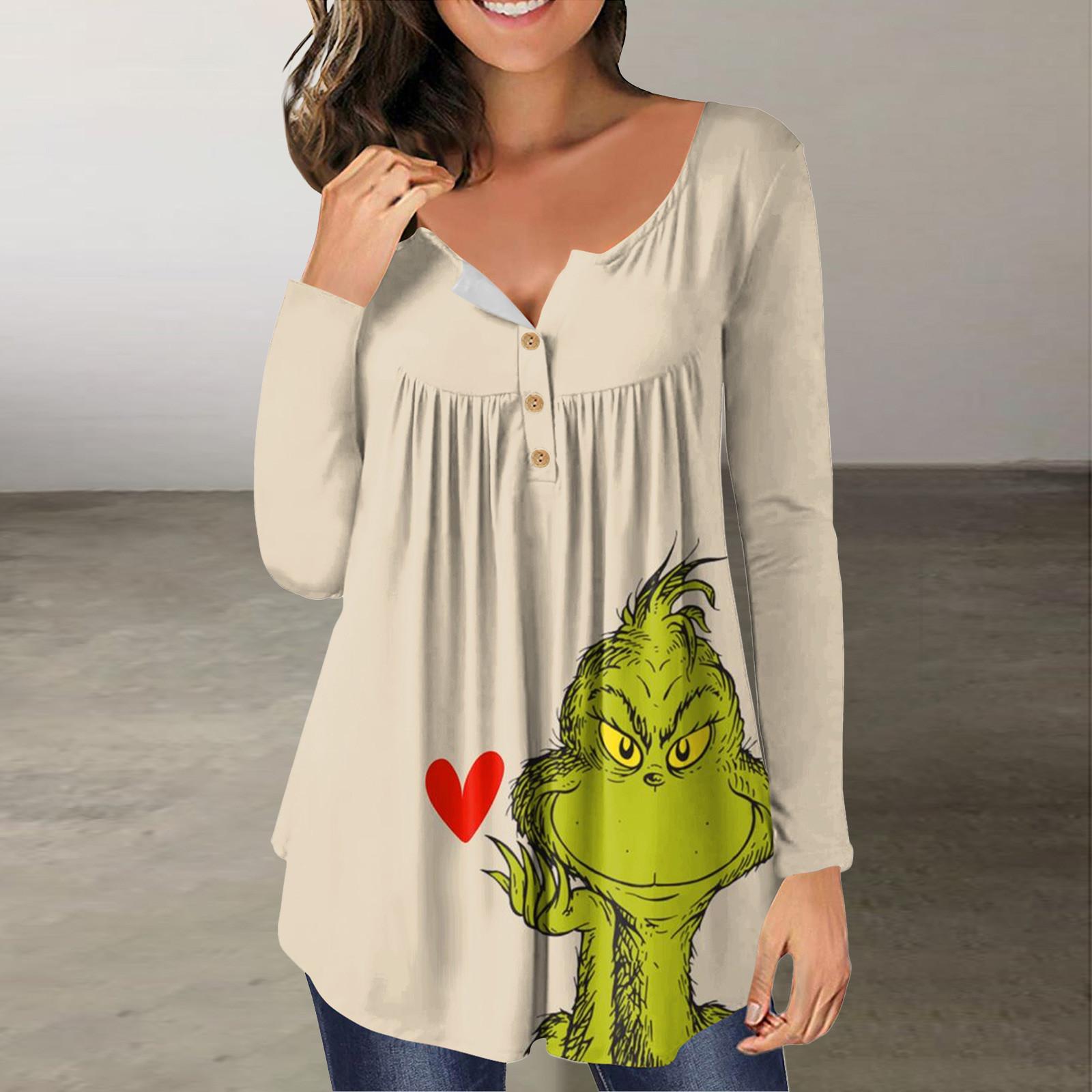 

Женская мода Рождественский принт на пуговицах с v-образным вырезом и длинным рукавом Повседневный топ XXXXXL хаки