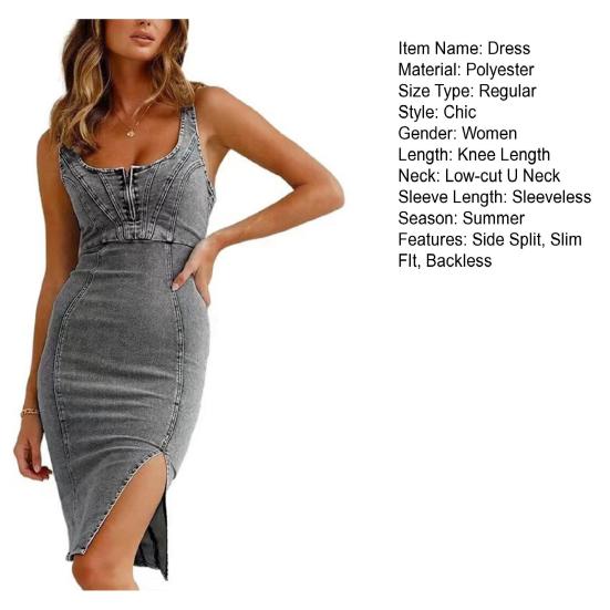 Dámské letní džínové šaty Nízký střih s výstřihem do U, bez rukávů, na zip, zapínání na zip Slim střih Znuděný, boční, retro, plášť, midi šaty